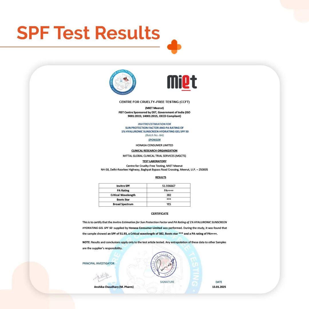 1% Hyaluronic Sunscreen Hydrating Gel In Vivo Tested (ISO 24444:2019 Certified, CTRI/2025/01/079445) with SPF 50 PA++++ - 50 g - Image 4