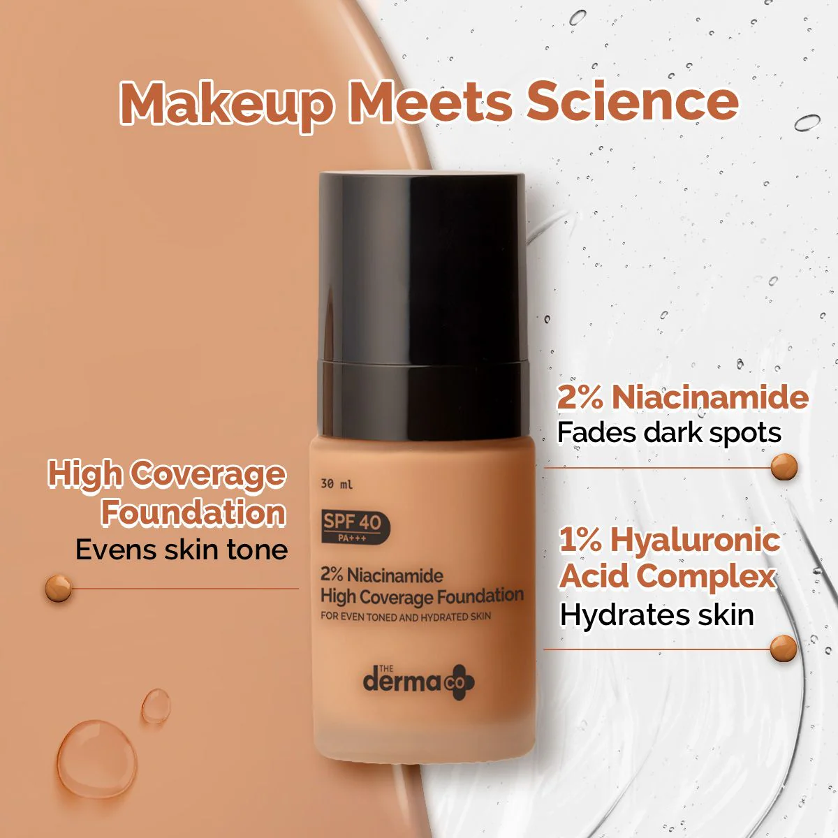 2% Niacinamide High Coverage Foundation With 1% Hyaluronic Acid Complex & SPF 40 PA+++ for 12 Hour Long Stay & 12 Hour Oil Control | 05 Peach - Image 3
